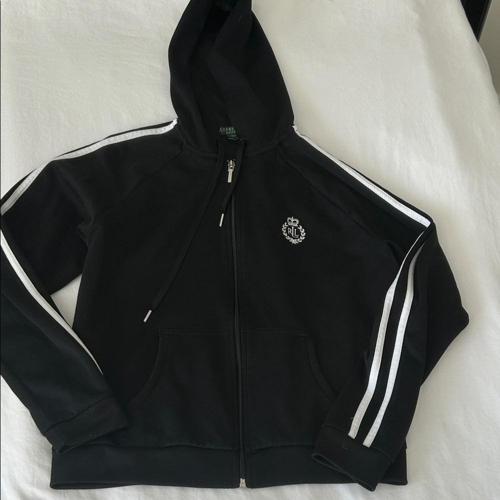 Ralph Lauren Black Hoodie with White Stripes M